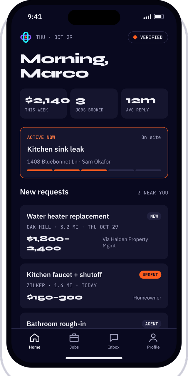 Prufloop Pro app home screen: this week's earnings, the job in progress, and new job requests near you