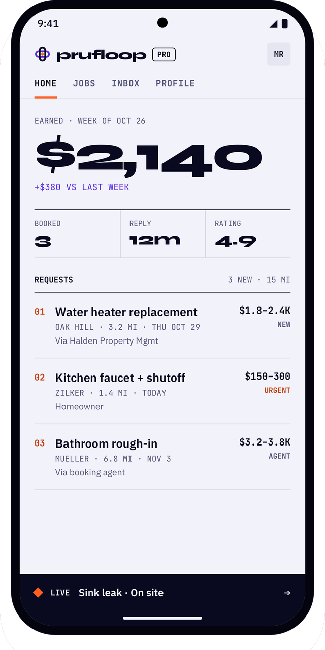Prufloop Pro app in light mode: weekly earnings, jobs booked, reply time, rating, and a list of job requests with price ranges